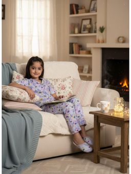 Maaesa - Girls Blue Floral Printed Shirt and Pyjama