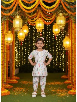 Maaesa - Girls White Printed Kurta with Dhoti