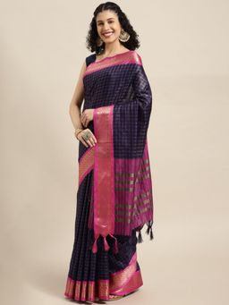 Vastranand - Navy Blue Checked Zari Pure Silk Gadwal Saree with Unstitched Blouse