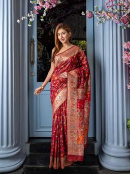 Beatitude - Maroon Modal Silk Kashmiri Weaving with Unstitched Blouse