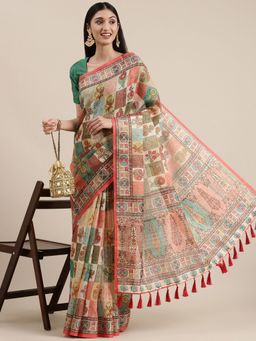 Vastranand - Multi-Color Block Kalamkari Sequence Weaving Party Wear Saree with Unstitched Blouse