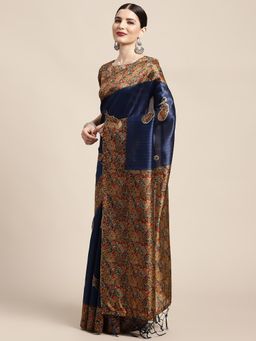 Akhilam - Womens Art Silk Navy Blue Printed Designer Saree with Unstitched Blouse