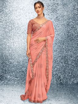 Akhilam - Womens Satin Pink Embellished Designer Saree with Unstitched Blouse