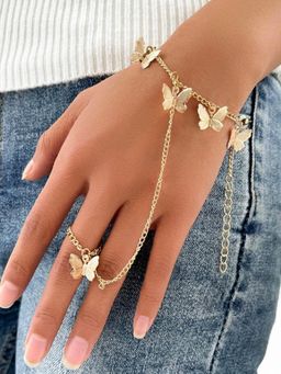 OOMPH - Gold Tone Butterfly Charm Bohemian Hand Thong Bracelet With Ring