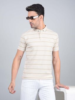 CRIMSOUNE CLUB - Men Beige Horizontal Stripes Polo T-Shirt