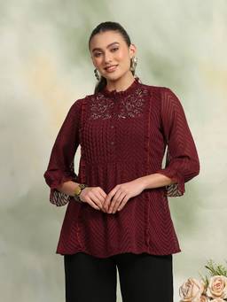 Nayam by lakshita - Women Maroon Solid Poly Georgette Tunic Kurti (S)