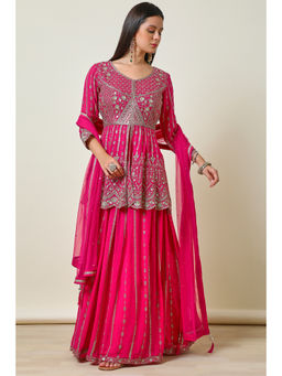 Soch - Fuchsia Pink Georgette Embroidered Leaf Neck Padded Top Skirt with Dupatta (Set of 3)