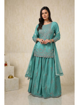 Soch - Turquoise Blue Chinon Embroidered Kurta Skirt with Dupatta (Set of 3)