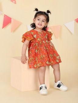 Fabindia - Orange Cotton Hand Block Printed Dress