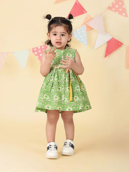 Fabindia - Green Cotton Printed Dress with Belt (Set of 2)