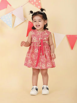 Fabindia - Pink Cotton Printed Dress with Belt (Set of 2)