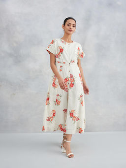 Fabindia - White Cotton Printed Midi Dress