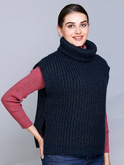 513 - Turtle Neck Self Designed Sleeveless Navy Blue Poncho
