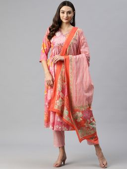 Readiprint - A-Line Style Cotton Fabric Pink Kurta with Pant and Dupatta (Set of 3)