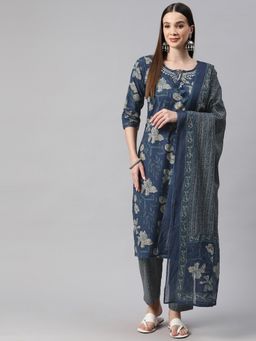 Readiprint - Straight Style Cotton Fabric Blue Kurta with Pant and Dupatta (Set of 3)