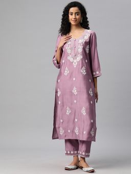 Readiprint - Straight Style Chanderi Fabric Purple Color Kurta with Pant (Set of 2)