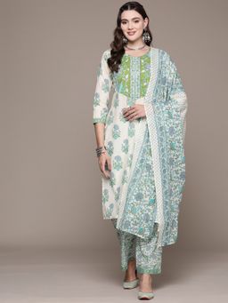 Readiprint - Straight Style Cotton Fabric Green Kurta with Pant and Dupatta (Set of 3)