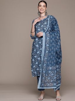 Readiprint - Straight Style Cotton Fabric Blue Kurta with Pant and Dupatta (Set of 3)