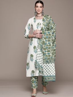 Readiprint - Straight Style Cotton Fabric Green Kurta with Pant and Dupatta (Set of 3)