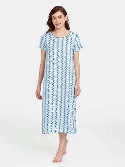 Zivame - Rosaline Eternal Bloom Woven Mid Length Nightdress - Aquamarine-Blue
