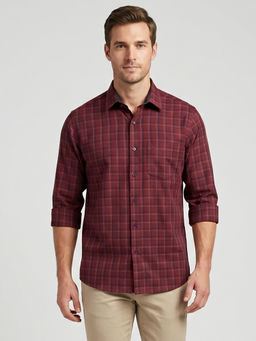 Charagh Din - Maroon Blended Full Sleeves Checks Regular Fit Shirt