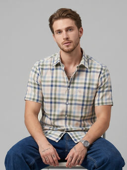 Charagh Din - Cream Cotton Half Sleeves Checks Tailored Fit Shirt