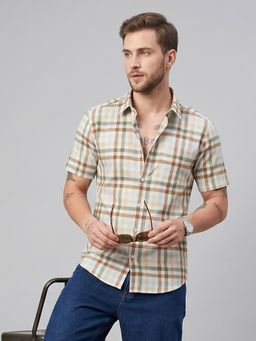 Charagh Din - Cream Cotton Half Sleeves Checks Tailored Fit Shirt