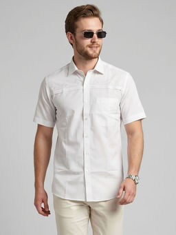 Charagh Din - White Blended Half Sleeves Embroidered Tailored Fit Shirt
