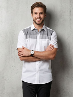 Charagh Din - White Blended Half Sleeves Colorblock Tailored Fit Shirt
