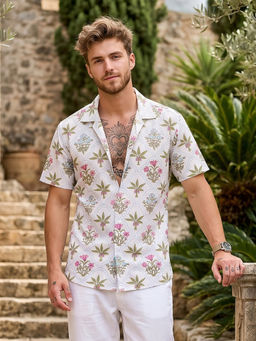 Charagh Din - White Blended Half Sleeves Floral Tailored Fit Shirt