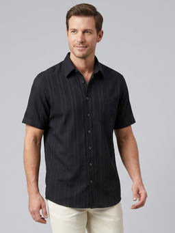 Charagh Din - Black Blended Half Sleeves Stripes Tailored Fit Shirt