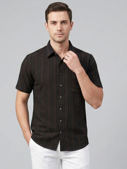 Charagh Din - Brown Blended Half Sleeves Stripes Tailored Fit Shirt
