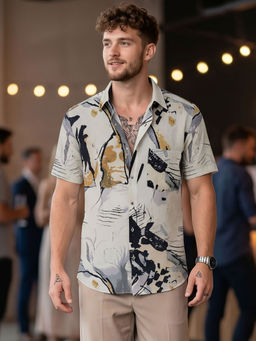 Charagh Din - Off White Blended Half Sleeves Printed Tailored Fit Shirt