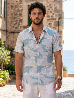 Charagh Din - Blue Blended Half Sleeves Printed Tailored Fit Shirt