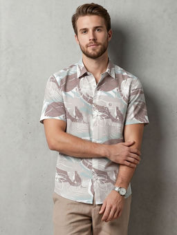 Charagh Din - Beige Blended Half Sleeves Printed Tailored Fit Shirt