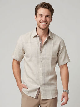 Charagh Din - Beige Linen Half Sleeves Checks Tailored Fit Shirt