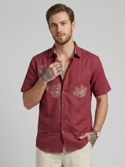 Charagh Din - Maroon Blended Half Sleeves Printed Tailored Fit Shirt