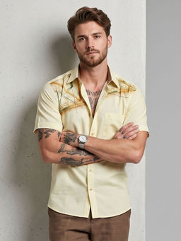 Charagh Din - Yellow Blended Half Sleeves Printed Tailored Fit Shirt