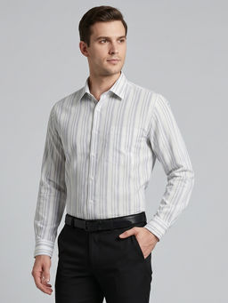 Charagh Din - White Blended Full Sleeves Stripes Regular Fit Shirt