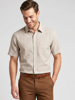 Charagh Din - Beige Blended Half Sleeves Checks Regular Fit Shirt