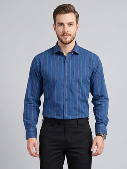 Charagh Din - Navy Blue Cotton Full Sleeves Stripes Regular Fit Shirt