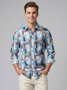 Charagh Din - Blue Blended Full Sleeves Printed Slim Fit Shirt