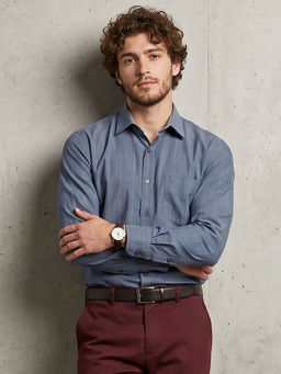 Charagh Din - Navy Blue Blended Full Sleeves Stripes Regular Fit Shirt