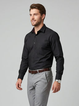 Charagh Din - Black Cotton Full Sleeves Solid Regular Fit Shirt