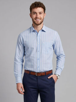Charagh Din - Blue Blended Full Sleeves Stripes Regular Fit Shirt