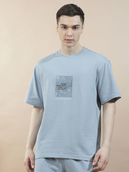 Cantabil - Blue Cotton Half Sleeves Textured Regular Fit T-Shirt