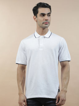 Cantabil - White Cotton Half Sleeves Solid Regular Fit Polo T-Shirt
