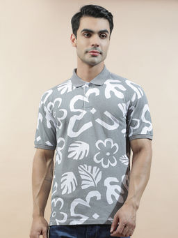 Cantabil - Grey Cotton Half Sleeves Printed Regular Fit Polo T-Shirt