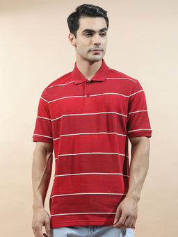 Cantabil - Red Cotton Half Sleeves Stripes Regular Fit Polo T-Shirt