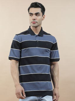 Cantabil - Blue Cotton Half Sleeves Stripes Regular Fit Polo T-Shirt